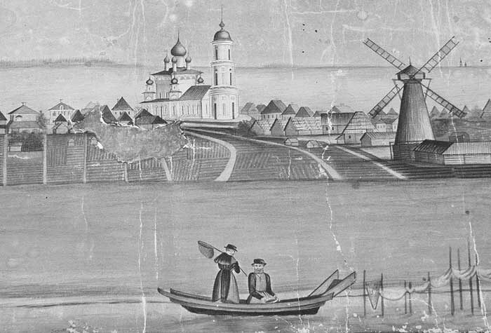 Василий Башков, "Вид села Угодичи с западной стороны и чудотворной иконы Божией Матери Молченския, находящейся в Богоявленской церкви". Фрагмент.