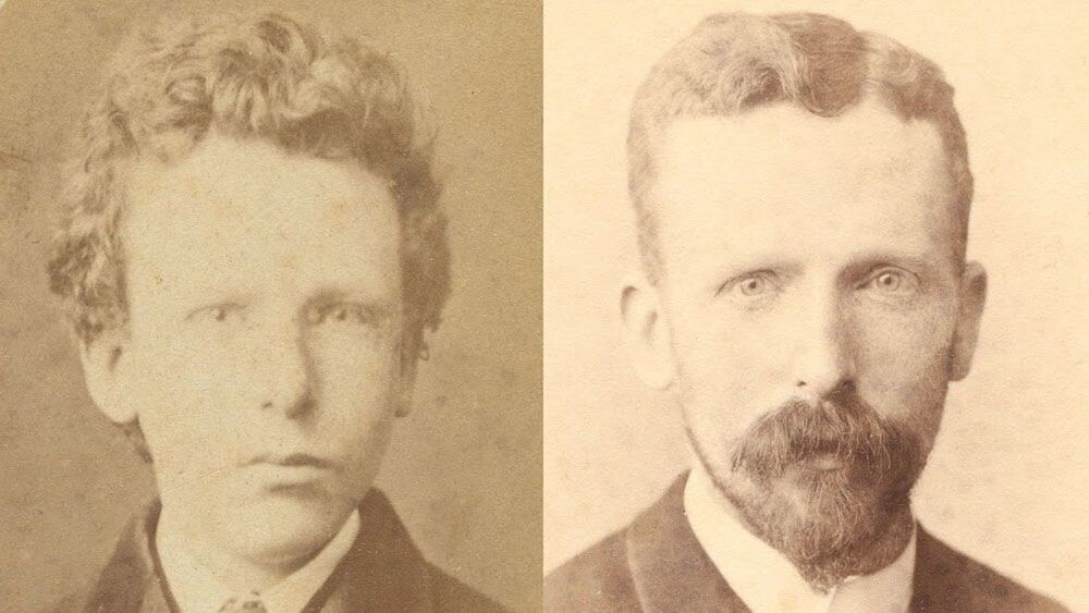 Слева: Фотография пятнадцатилетнего Тео Ван Гога. Справа: фотография Тео Ван Гога в возрасте тридцати двух лет.