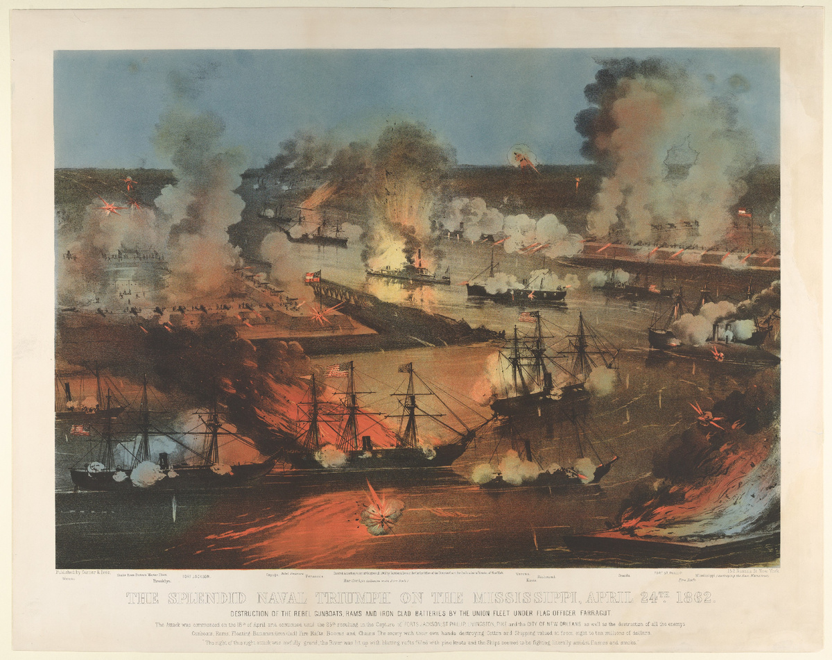 Флот Союза проходит мимо фортов, 28 апреля 1862 года.