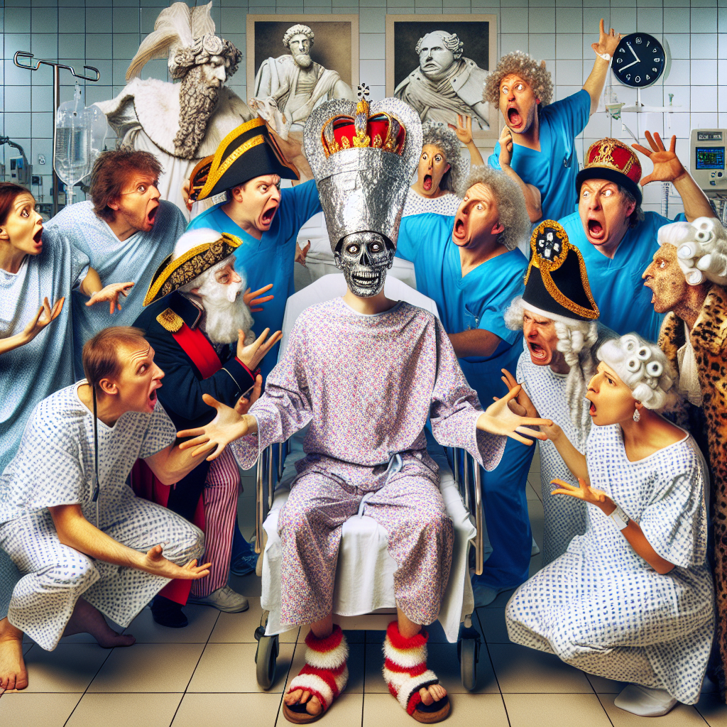 Группа пациентов в больничных пижамах яростно спорит, жестикулирует и кричит друг на друга. В центре – пациент в короне из фольги, с безумным взглядом, кричит громче всех. На заднем плане – удивлённые санитары. | ИИ-арт © Надежда Иванова