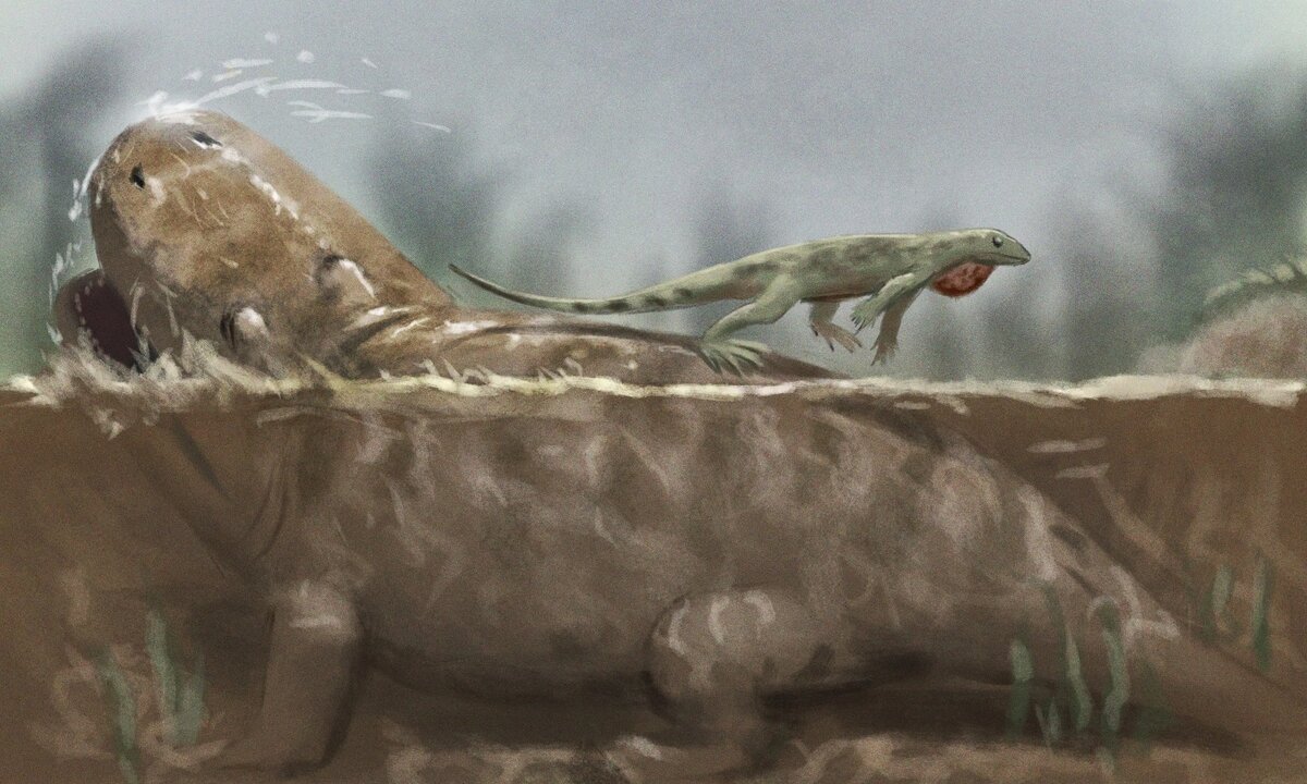 Болозаврид убегает на двух ногах от эриопса. Арт.