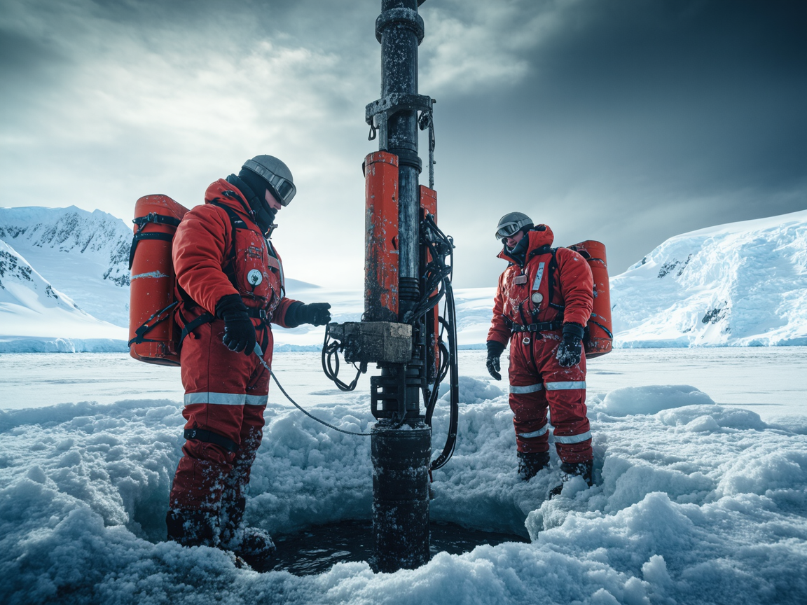 Учёные бурят лёд в Антарктиде на фоне снежного пейзажа