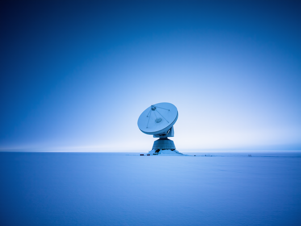 Радиоантенна ловит сигналы в антарктическом снегу под тёмным небом