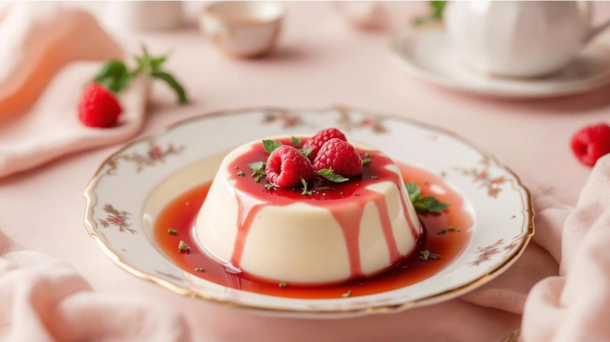 Панакота с малиновым соусом и мятой.