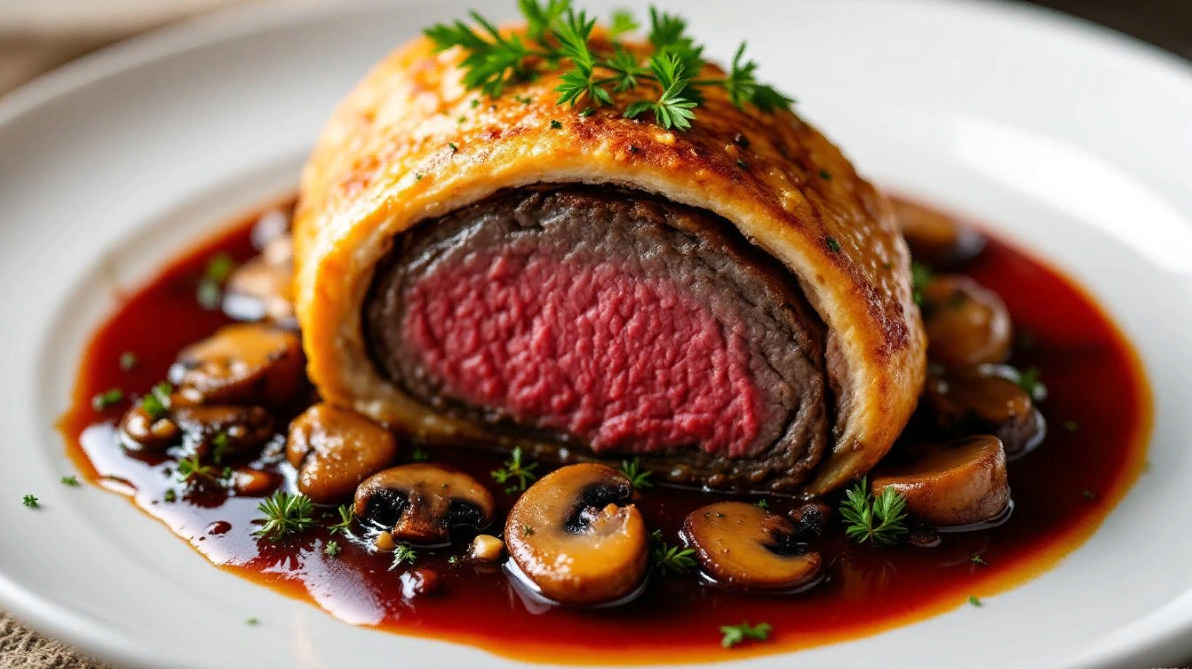 Филе миньон с красным вином и грибами