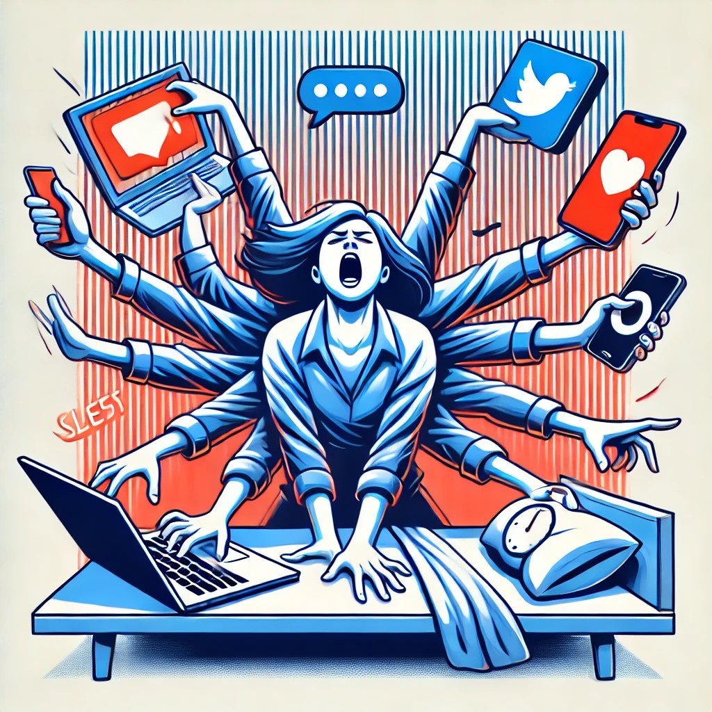 Это может быть стилизованная иллюстрация, где человек буквально "разрывается" между разными сферами жизни.