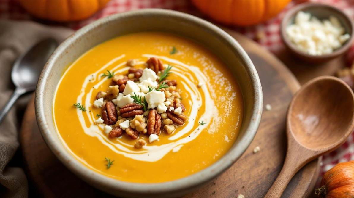 Крем-суп из тыквы с орехами и козьим сыром