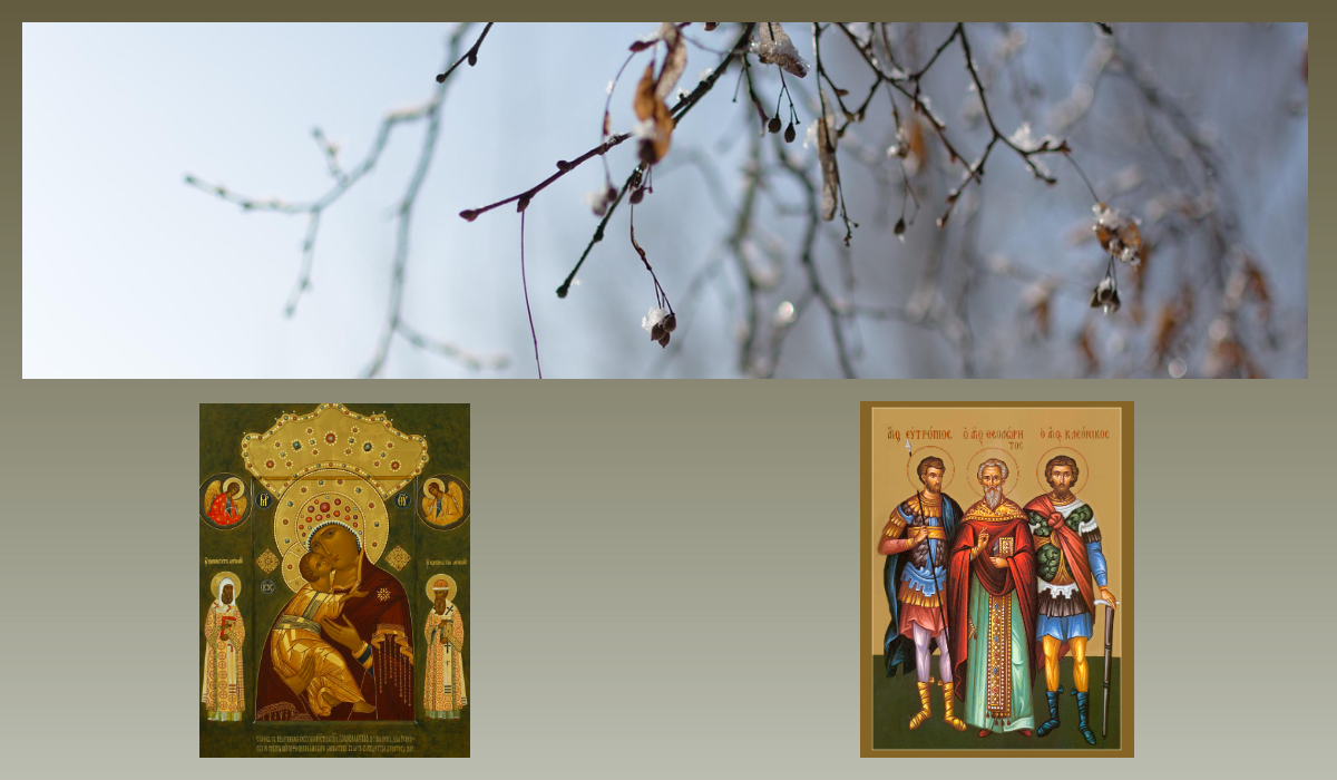 Икона Богородицы Волокаламская, Икона мучеников Евтропия, Клеоника и Василиска/azbuka.ru, Ранняя весна/pixabay.com 