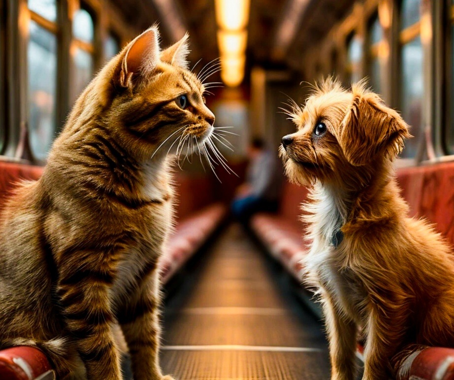 Собака и кошка в поезде
