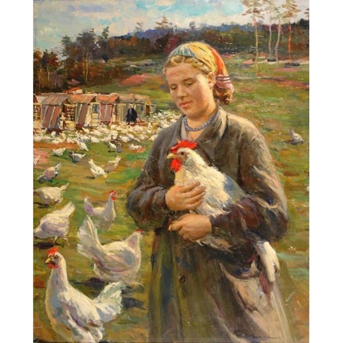 Дмитрий Налбандян. Птичница Таня Куратова. 1970. Холст, масло. 118,5 х 95. Калужский музей изобразительных искусств