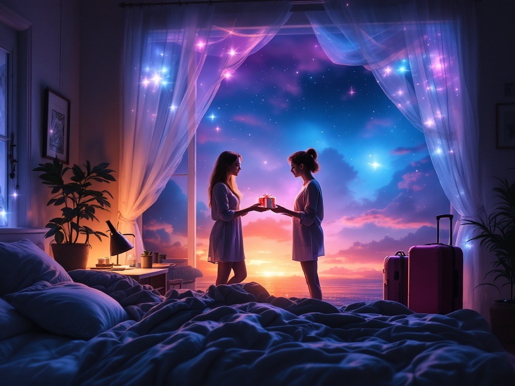    К чему такое снится: На картине изображена встреча с блогером Оксаной Самойловой у нее дома. Оксана вручает подарок женщине, в то время как обе они готовятся к путешествию, а их чемоданы