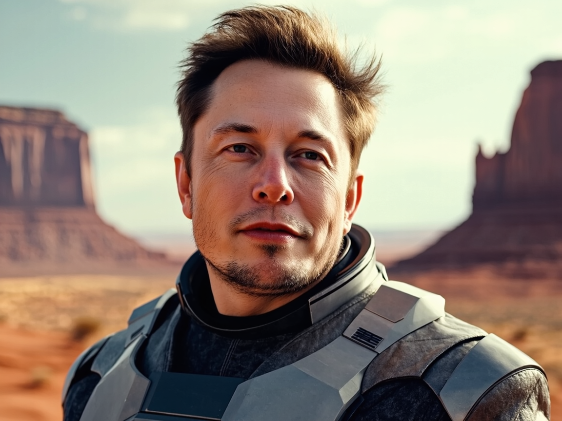 Илон Маск стоит на поверхности Марса в скафандре
