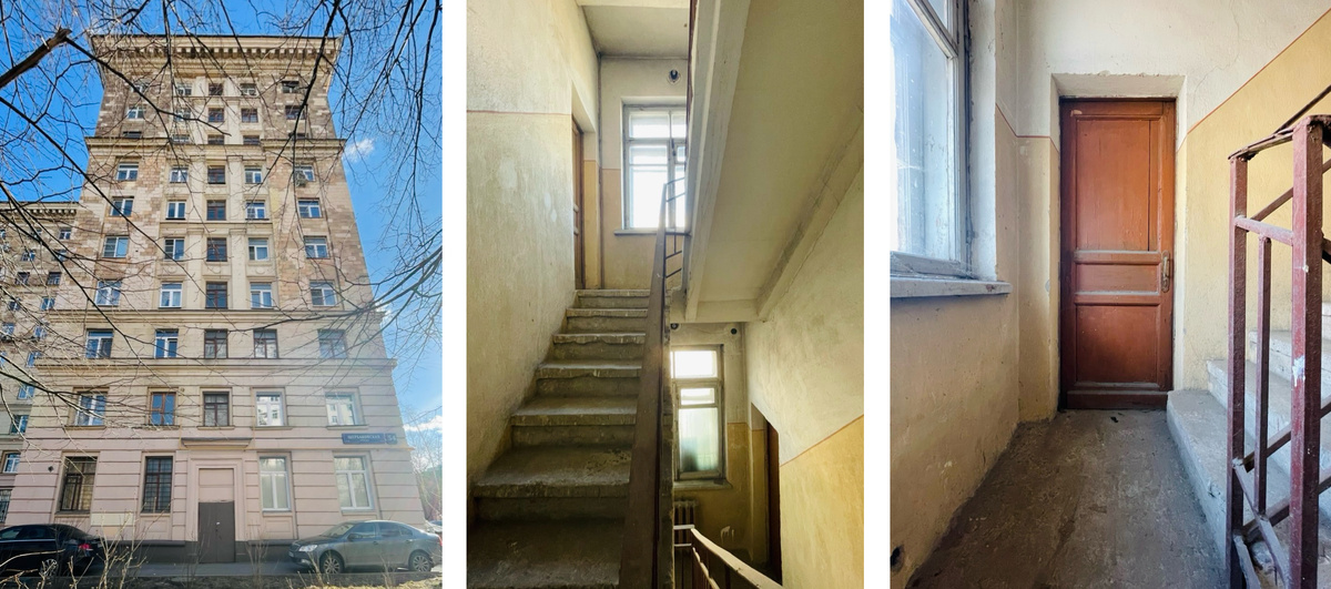 Щербаковская улица, 54. Сохранившиеся деревянные окна черной лестницы на фасаде дома. Интерьер черной лестницы. Оригинальные деревянные двери черной лестницы, ведущие на кухню. 