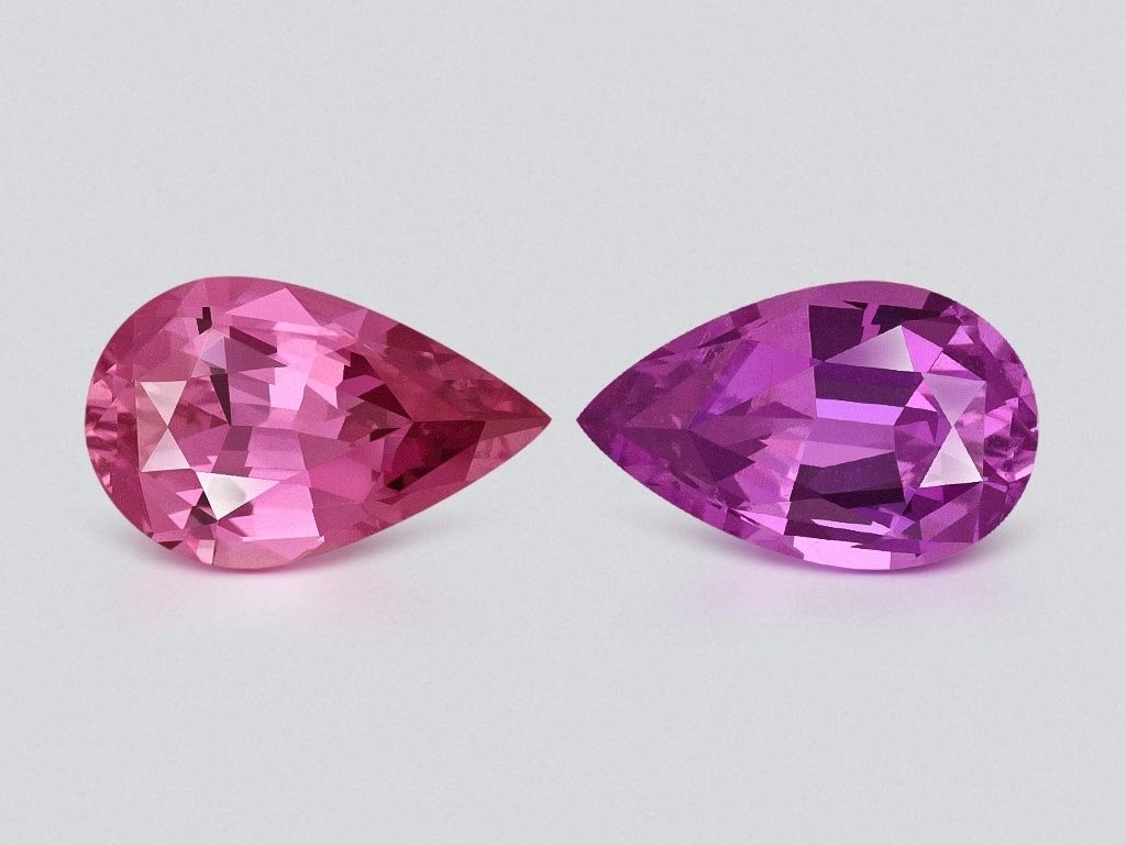 Сапфиры розовый и фиолетовый, Мадагаскар, общая масса 1,89 ct, огранка груша, размер 8,11*5,08*3,13 мм и 8,09*5,04*3,3 мм, стоимость двух камней 850 долларов США.