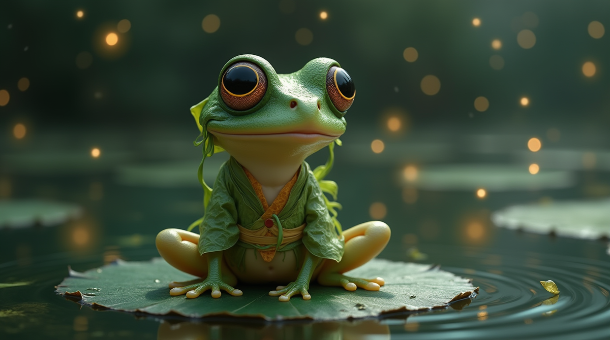 Из болота выскочила Лягушка — маленькая, с огромными глазами и в кимоно из листьев