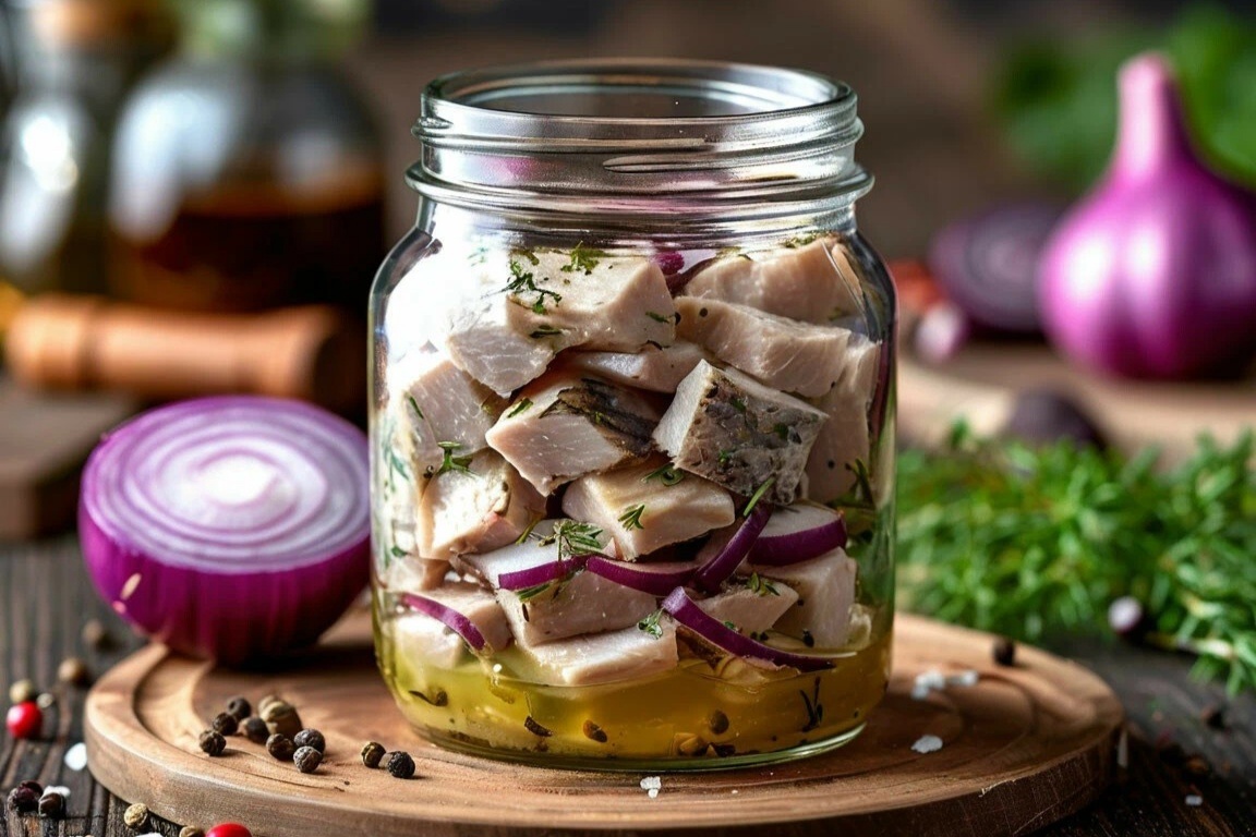 Маринованная сельдь с луком, маслом и специями
