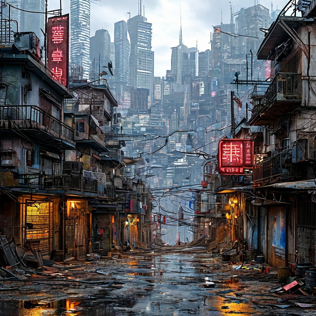 Нелепые, располагающиеся в два-три яруса лачуги, криво украшенные неоном – вот что такое сламсы. Рисунок от Яндекс GPT