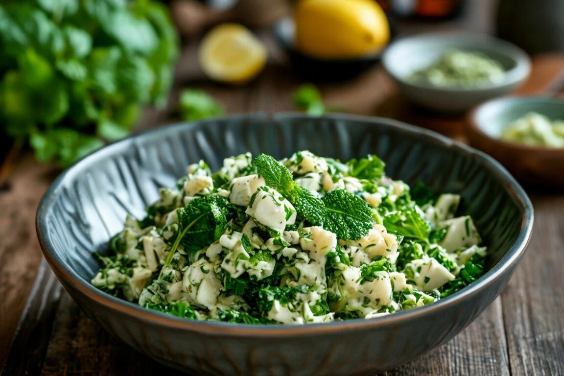 Салат из молодой крапивы с яблоком, зеленью и сыром фета