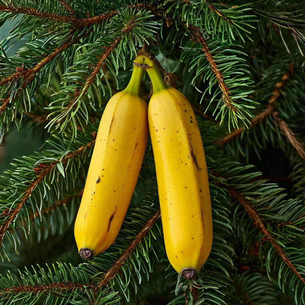 Бананы на елке. Иллюстрация сгенерирована нейросетью
