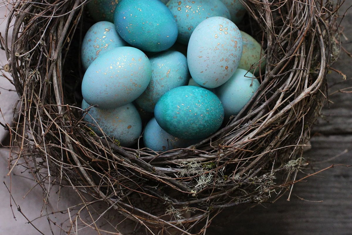 Пасхальные яйца небесных оттенков с золотистыми брызгами
