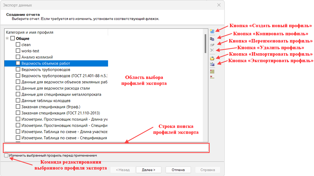 Диалоговое окно «Экспорт данных». С пояснениями