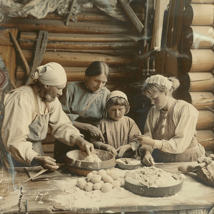 А вот так уже в представлении ИИ выглядела обычная русская семь, которая лепила пельмени в XV веке