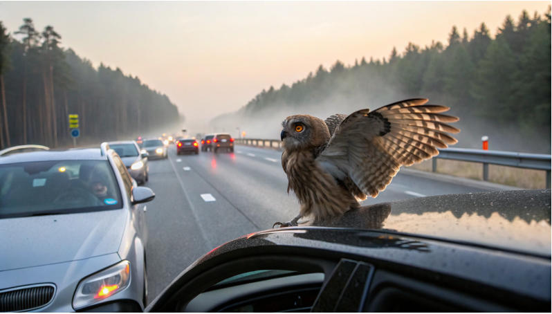 Сова Перегородила путь Машинам на трассе. Когда узнали в чем дело, все были в шоке .