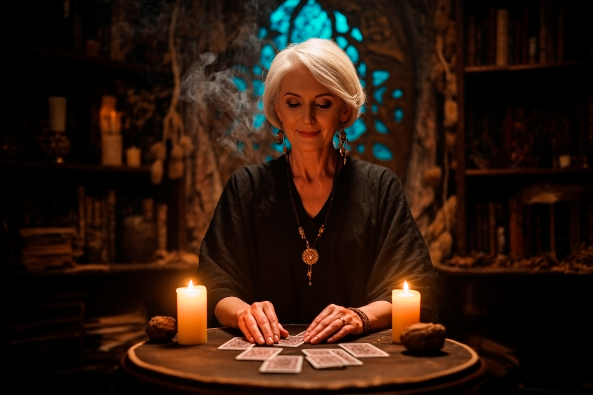 Он оглядел комнату: полки с бутылочками и травами, свечи, карты, странные амулеты.