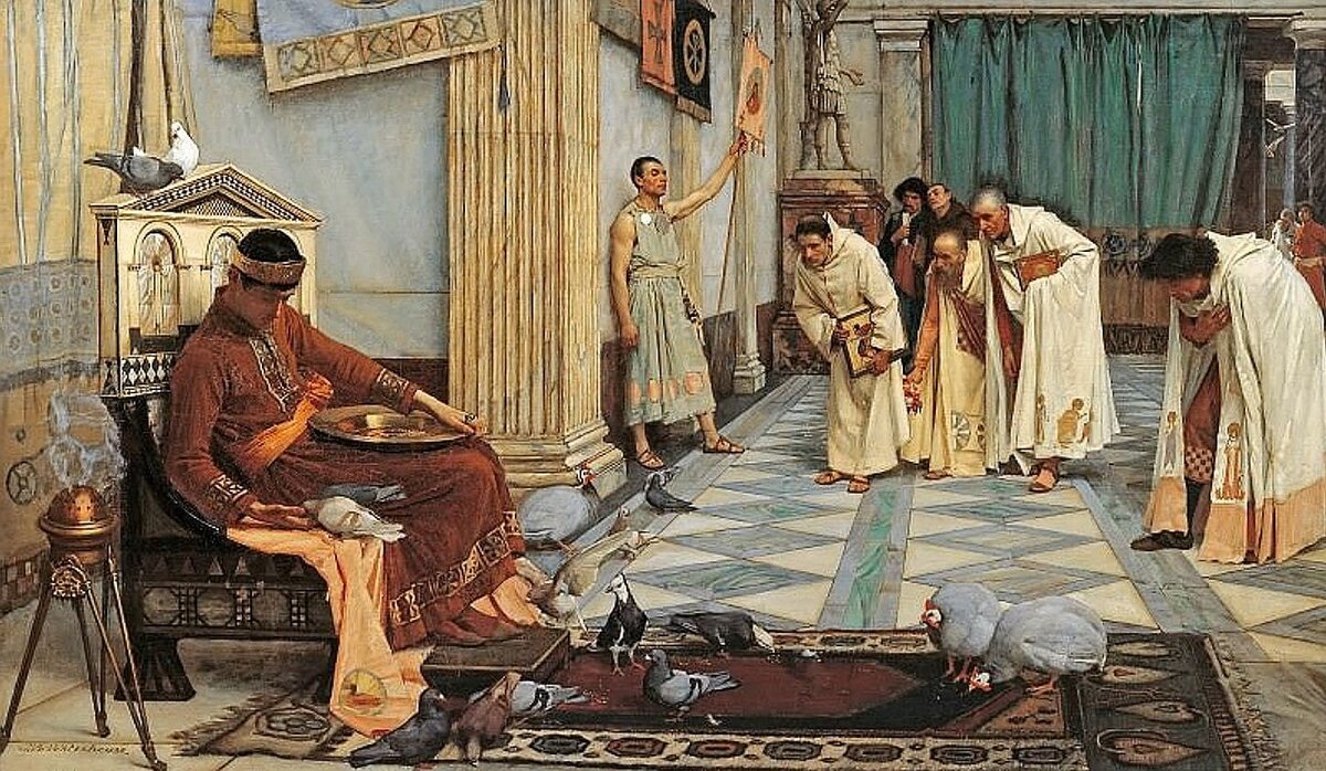 Джон Уильям Уотерхаус, Фавориты императора Гонория (1883) Говорят, император Гонорий так любил своих птиц, что, когда ему сообщили о гибели Рима, он решил, что речь идёт о его любимом петухе по имени Рим.