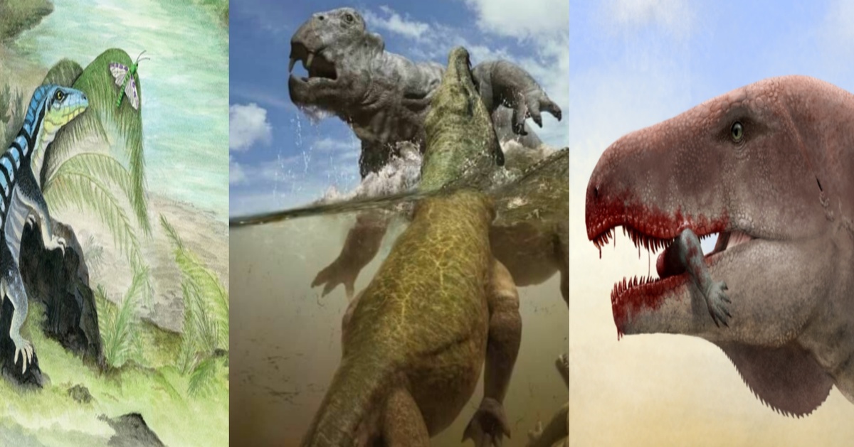 Рептилии раннего триаса: слева насекомоядный антарктанакс, посередине протерозух нападает на листрозавра, справа эритрозухид гаряиния лакомиться конечностью архозавра.