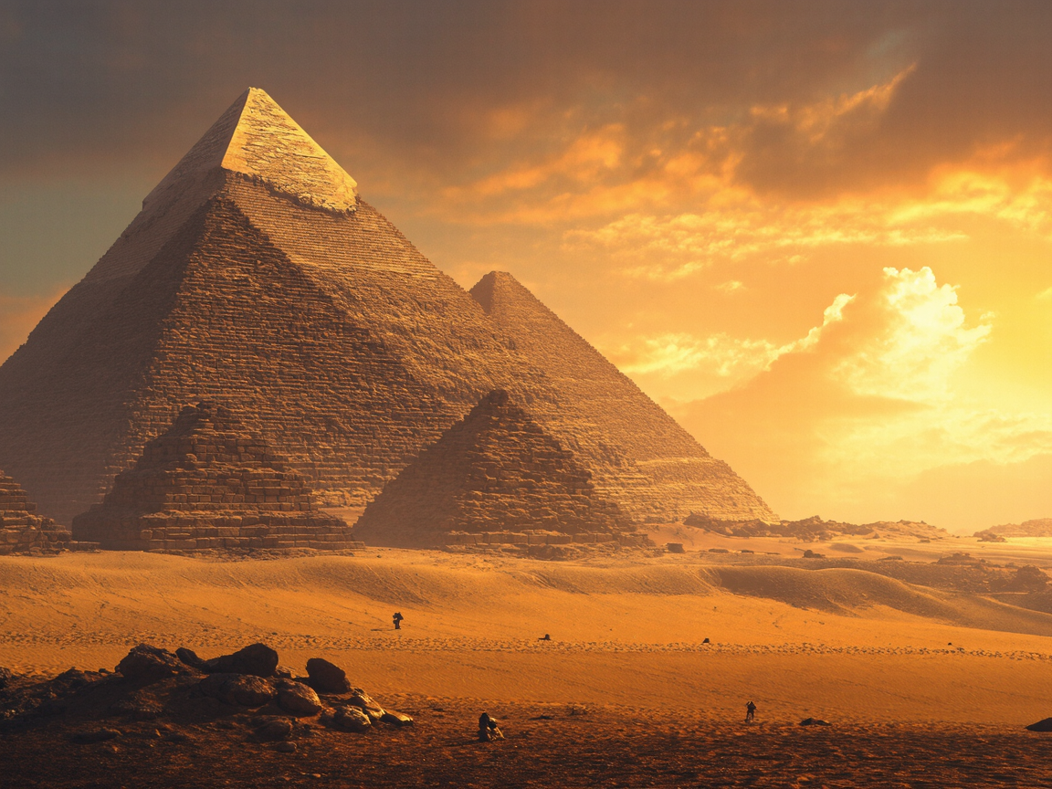 Команда экспедиции 2025 года у пирамиды Хеопса на закате