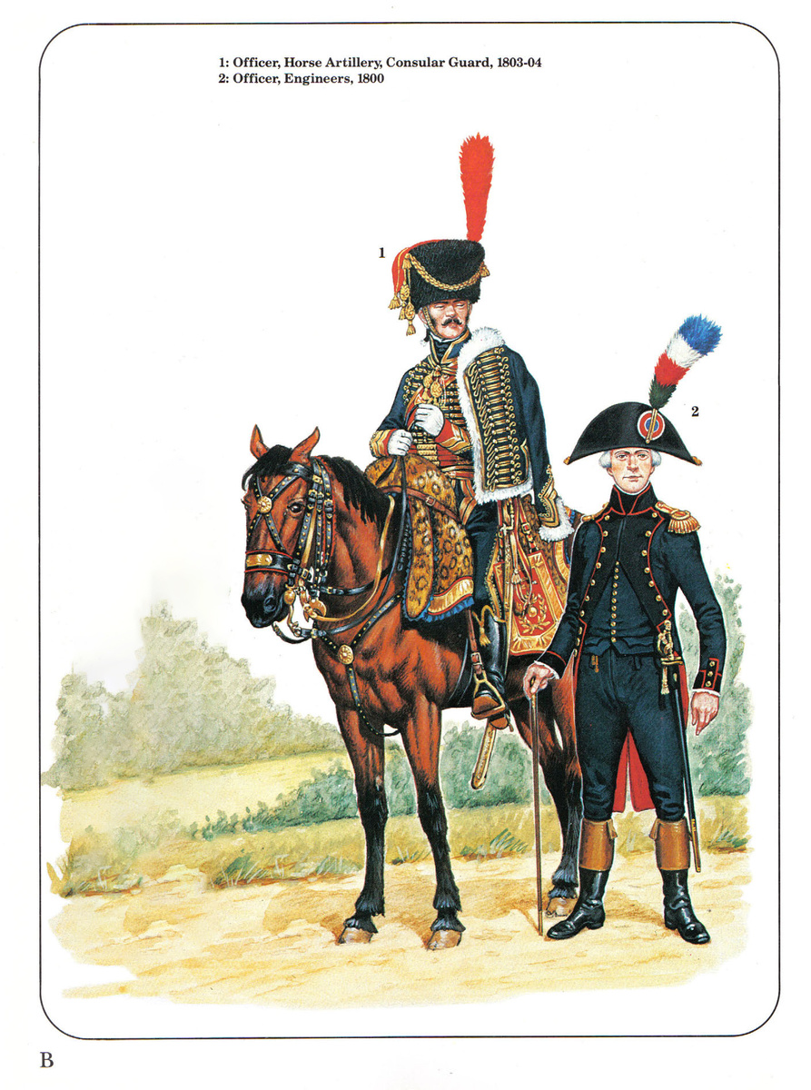 1. Офицер конной артиллерии Консульской гвардии, 1803-1804 гг. 2. Офицер инжерер, 1800 год. Источник: Windrow M., Napoleon's Speshalist Troops. London, 1988. 
