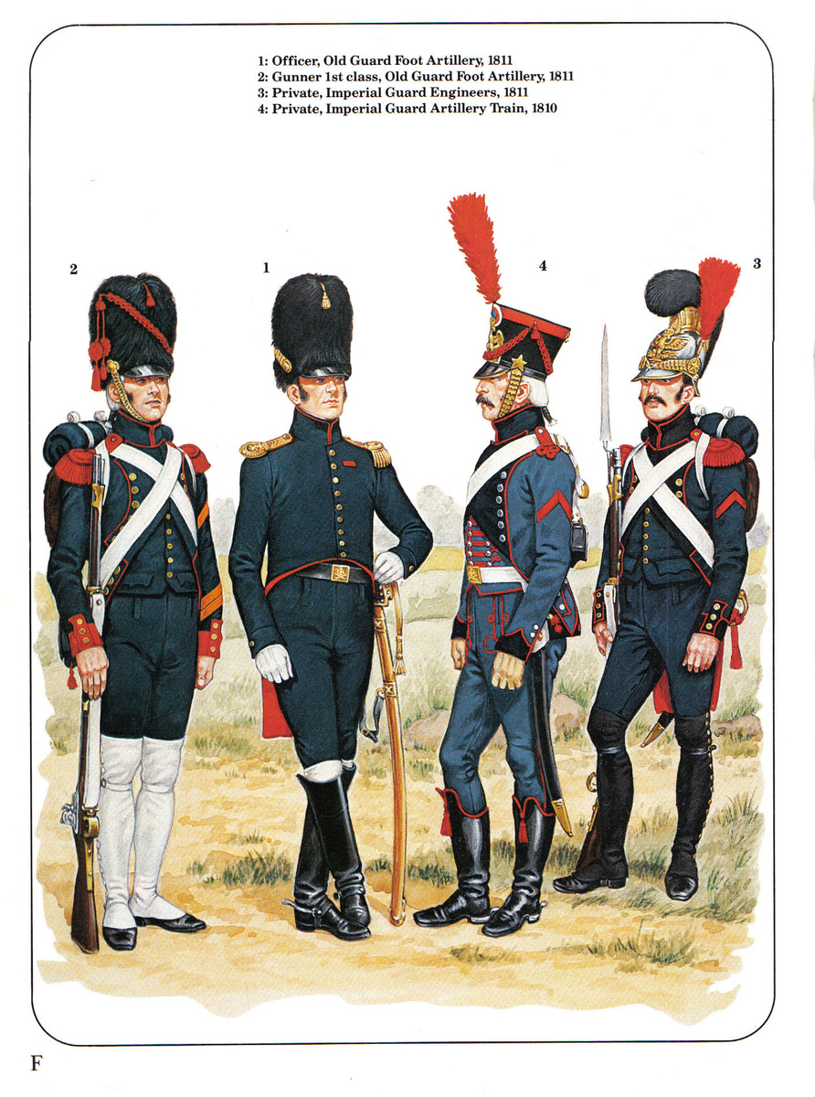 1. Офицер пешей артиллерии Старой гвардии, 1811 год. 2. Артиллерист 1-го класса пешей артиллерии Старой гвардии, 1811 год. 3. Рядовой инженеров Императорской гвардии, 1811 год. 4. Рядовой артиллерийского обоза Императорской гвардии, 1810 год. Источник: Windrow M., Napoleon's Speshalist Troops. London, 1988. 