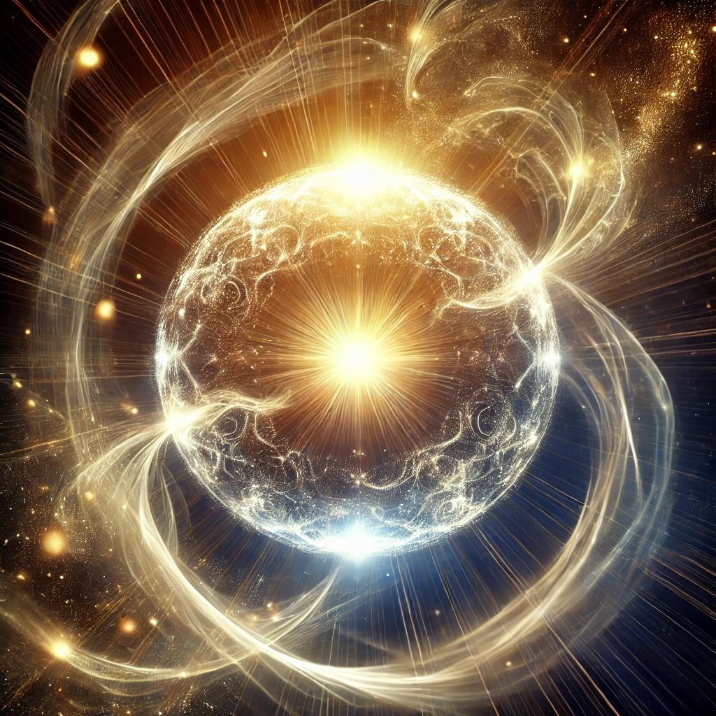 Изображение, отражающее суть мгновенного исполнения Воли Божьей — сияющая сфера божественного света, символизирующая чистую духовную силу