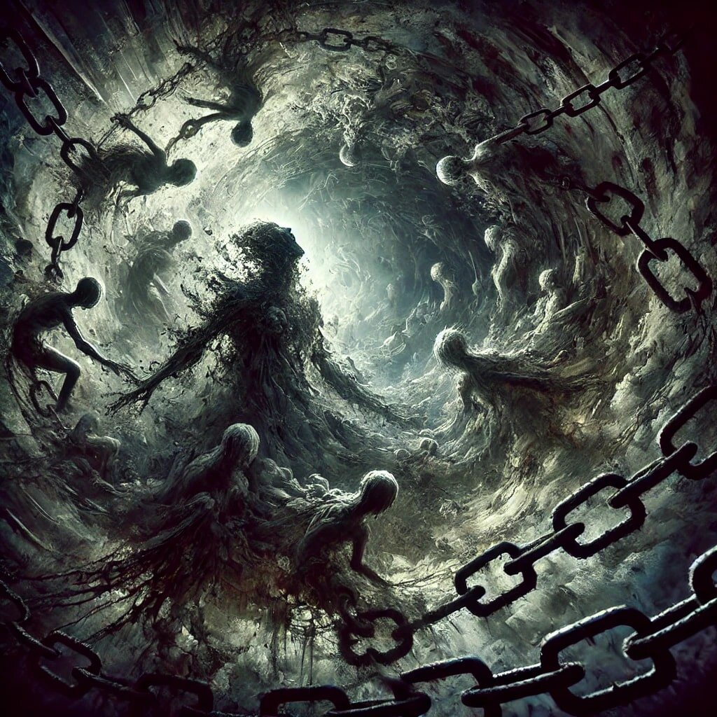 Изображение, символизирующее человека, живущего по законам плоти — хаотичный тёмный водоворот, олицетворяющий запутанность, задержку и отделённость от духовной Истины