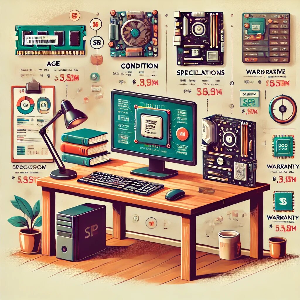 изображение, которое иллюстрирует факторы, влияющие на стоимость б/у компьютера. На картинке показано рабочее место с монитором, на котором отображаются характеристики компьютера, а также различные компоненты, такие как процессор, оперативная память и жесткий диск.