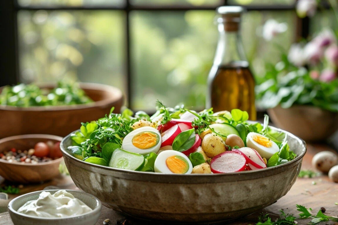 Салат с редисом, картофелем, яйцами и зеленью