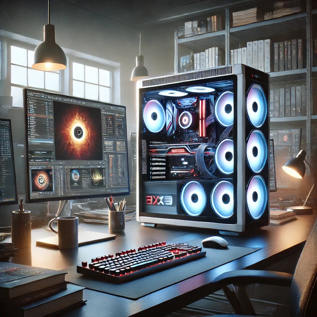  изображение, которое иллюстрирует мощную компьютерную установку для работы с 3D-графикой. На картинке показан рабочий стол с высокопроизводительным ПК, оснащенным мощной видеокартой и процессором, а также несколькими мониторами для работы с 3D-моделированием и рендерингом.