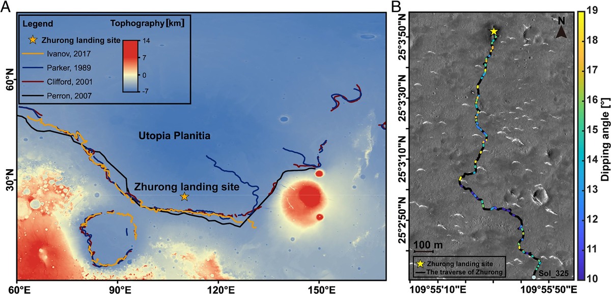 Utopia Planitia, место посадки Zhurong и четыре варианта береговой линии от разных авторов. PNAS 122 (9) e2422213122 (2025).