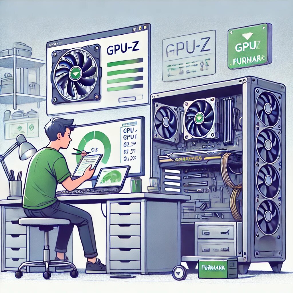  изображение, которое иллюстрирует процесс проверки б/у видеокарты. На картинке человек проверяет работу видеокарты с помощью программных инструментов, таких как GPU-Z и FurMark, в уютной рабочей обстановке.