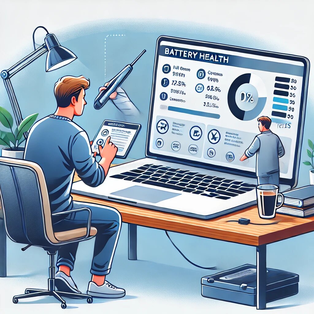 изображение, которое иллюстрирует процесс проверки состояния аккумулятора в б/у ноутбуке. На картинке человек использует диагностическое программное обеспечение для анализа здоровья батареи, с отображением данных о её состоянии и циклах зарядки.