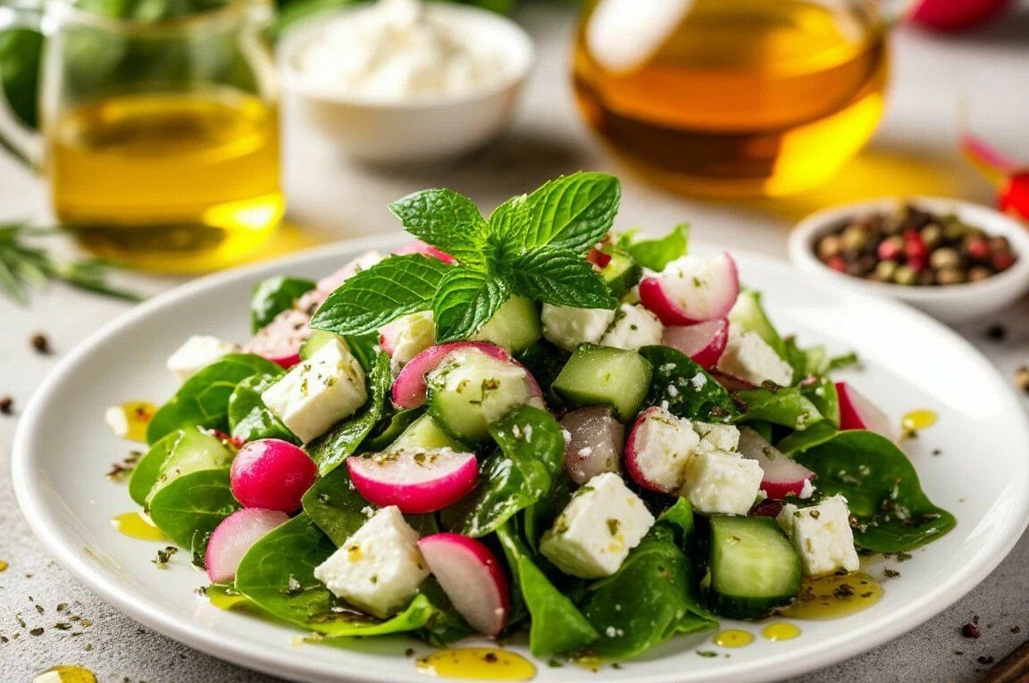 Салат редисом, огурцом, творожным сыром и щавелем