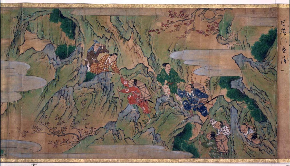 «О:э-яма экотоба». Минамото-но Ёримицу со своими вассалами и слугами поднимается на гору О:э в образе горных отшельников. Слева можно увидеть старца, вероятно, дровосека, подсказавшего им дорогу.