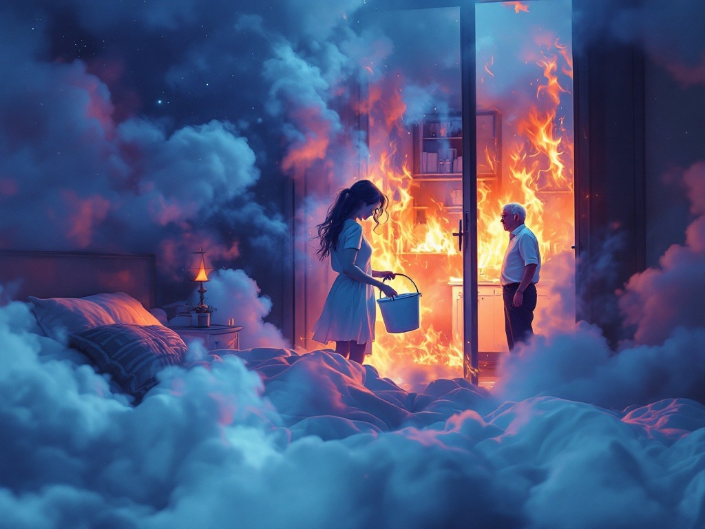    К чему такое снится: На картине пожар в квартире, пламя окружает женщину. Женщина держит ведро с водой и пытается потушить огонь. В дверном проеме беззвучно стоят пожилая женщина и мужчи