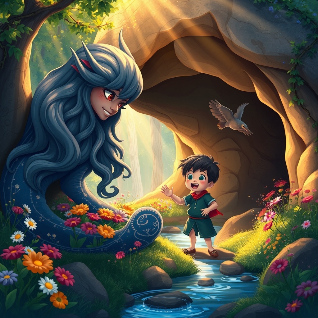 Изображение, которое иллюстрирует сцену с гаргоной Лирой и маленьким мальчиком Тимо в её уютной пещере на краю яркого леса. Эта картина передает атмосферу дружбы и доброты, отражая их особую связь.