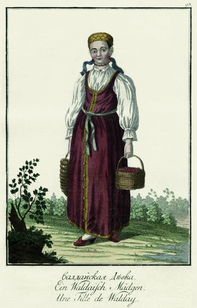 Рисунок из этнографической книги 1776-1780-х годов «Описание всех в Российском Государстве обитающих народов», на котором изображена «валдайская девка» со связкой баранок-бубликов и лукошком ягод