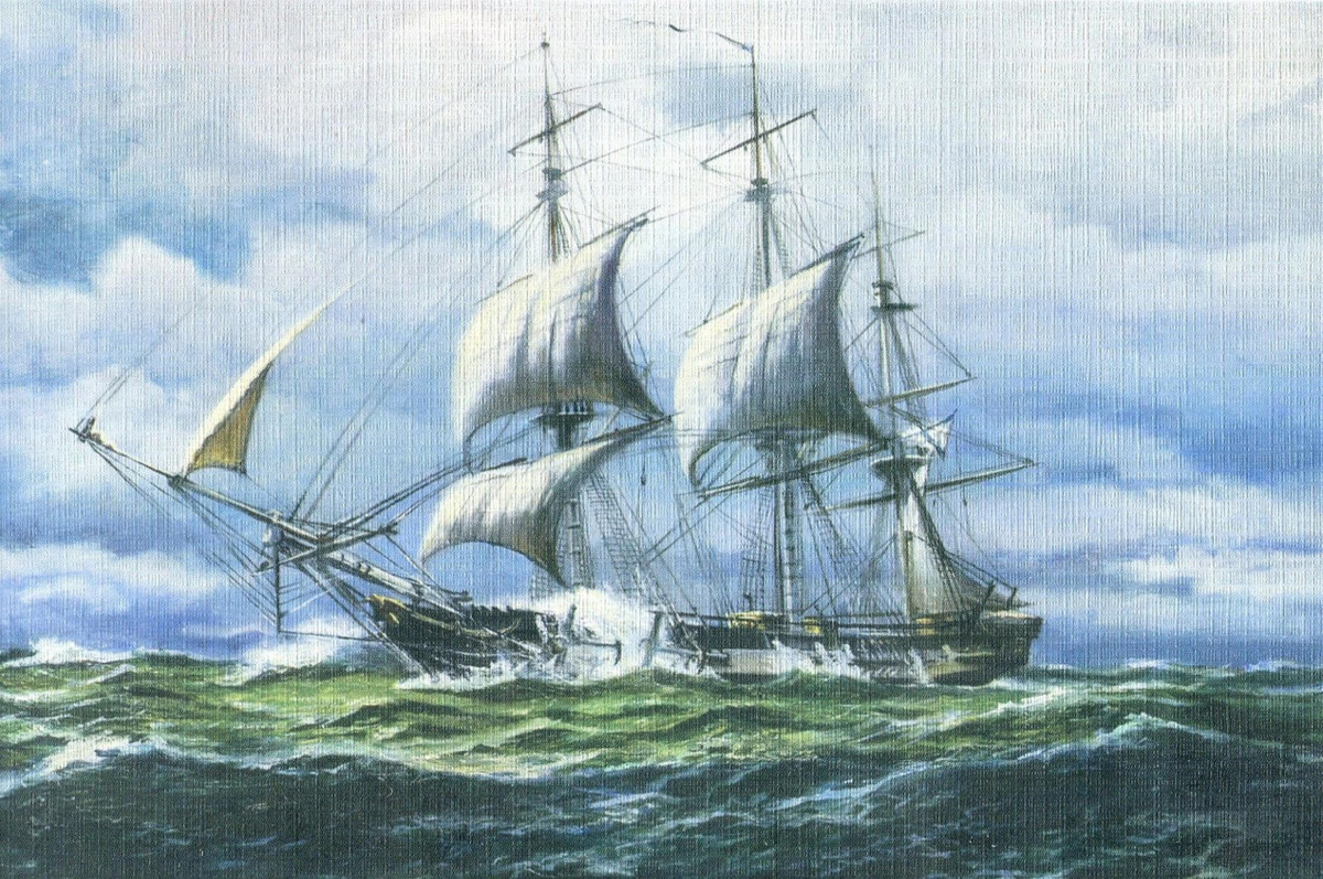 Шлюп «Камчатка» в Атлантике. Фото: https://xn--80aiqmelqc4c.xn--p1ai/sobytiya/tema-4-sobytie-7-18171819-krugosvetnoe-plavanie-na-shlyupe-kamchatka/