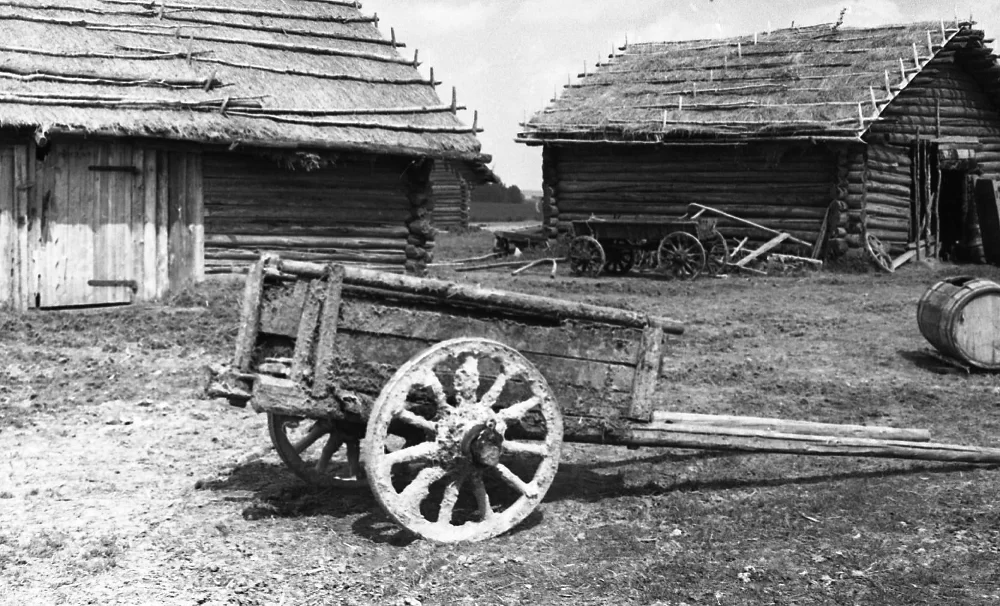 Телега на фоне построек с соломенной крышей, Вологодская область, 1955 год.