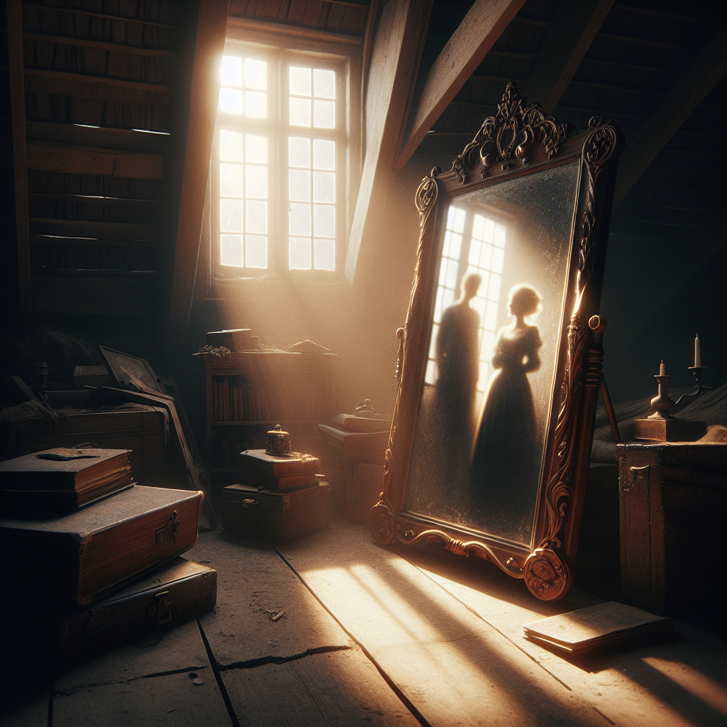 На старинном чердаке стоит старинное зеркало в резной деревянной раме. Пыль покрывает его поверхность, но в глубине отражения таится что-то загадочное. | Картинка - ИИ-арт © Надежда Иванова. 
