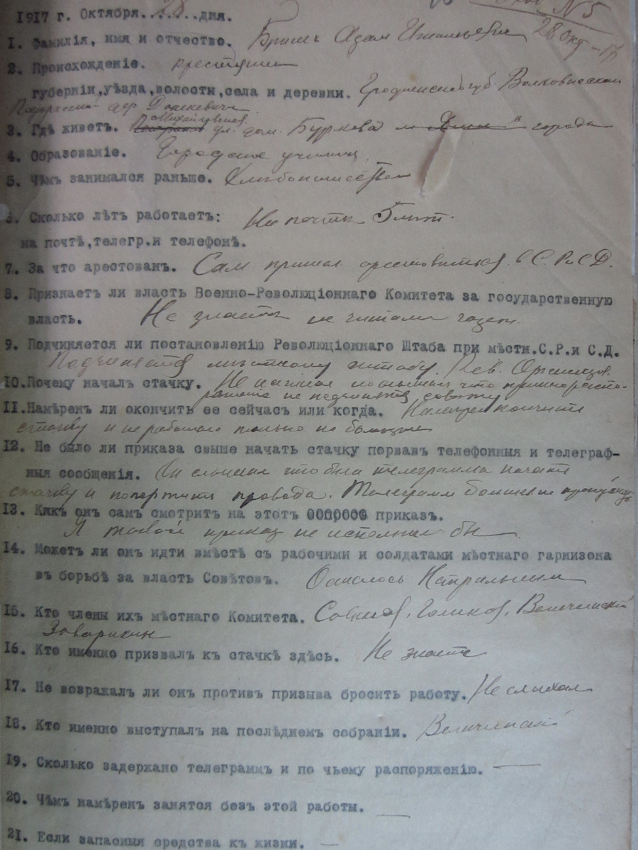 Опрос сотрудника телеграфа А.И. Бриша в городском Совете